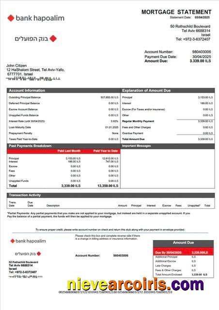 Israel Bank Hapoalim mortgage statement Word and PDF template